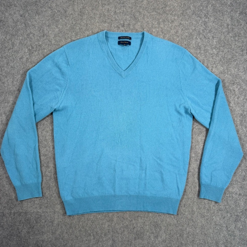 Club Room‎ Sky Blue 100% Fine Cashmere V-Neck Knit Sweater Men's Size Medium